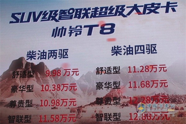 江淮帅铃T8售价区间为9.98万——12.88万