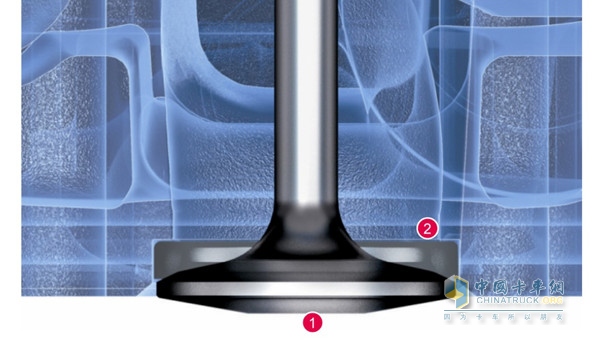 MAN D3876 中的拱形气门：气门盘 (1) 的隆起，,气门座圈 (2)