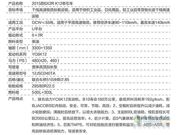 联合卡车6X2 RK12牵引车参数