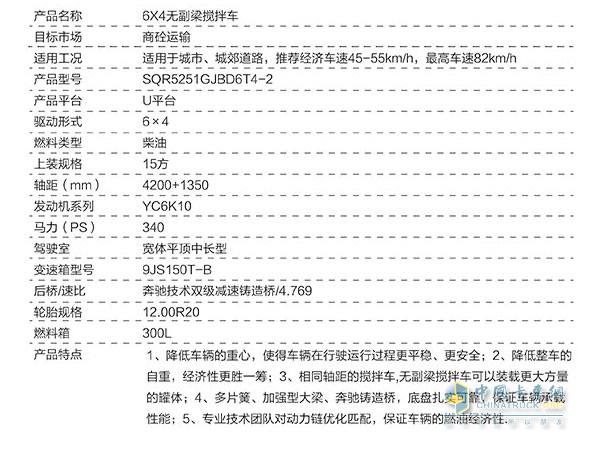 联合卡车6X4无副梁搅拌车参数