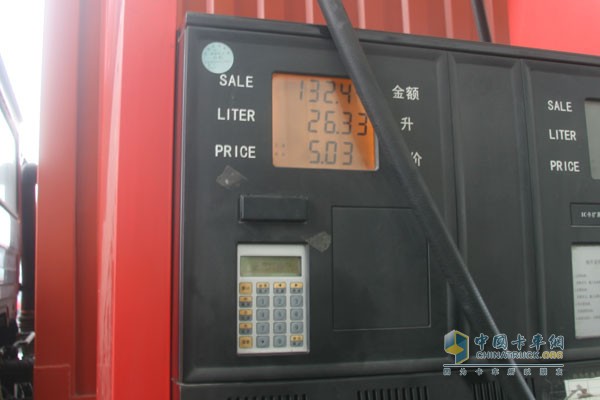 加油站油表显示耗油量为26.33L，花费金额132.4元