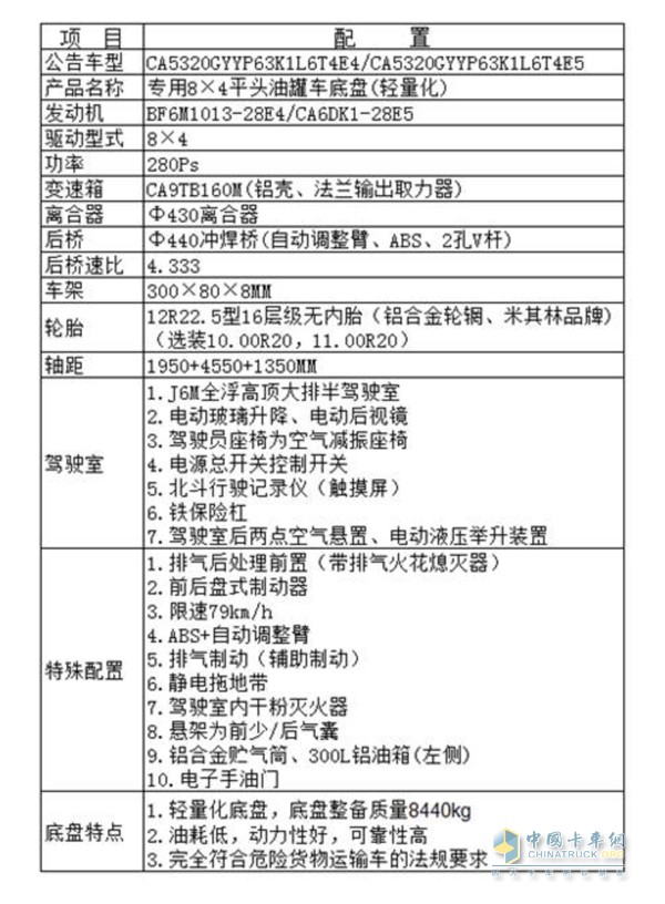 解放8X4油罐车整车参数