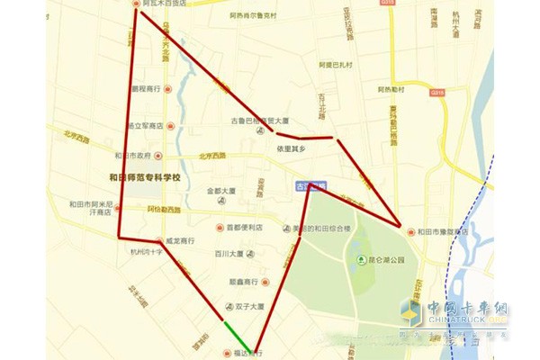 和田市路段红线区域内（含红线区域）表示大型车辆、工程施工车辆、危化品运输车辆禁止通行