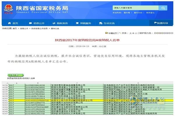 法士特及各分、子公司均获得陕西省2017年度“A级纳税人”荣誉称号