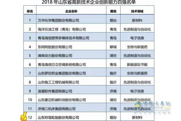 玲珑轮胎位列百强高企第12位