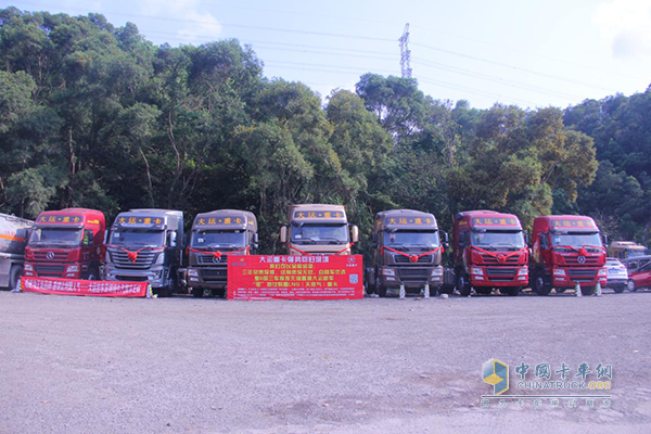 深圳市圳牛汽贸有限公司场地内展示的一排排大运重卡