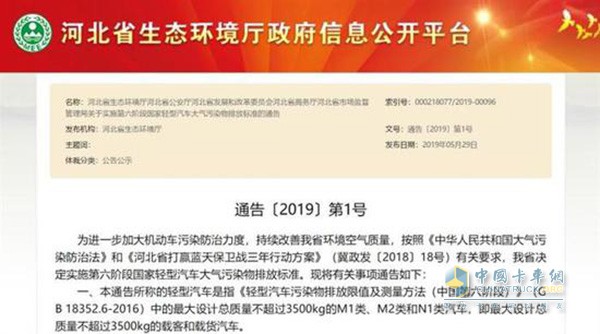 河北省关于实施第六阶段国家轻型汽车大气污染物排放标准的通告