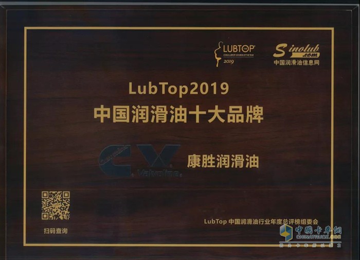 康胜一举摘得 “LubTop2019中国润滑油十大品牌”奖项