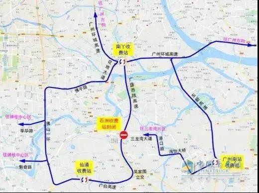 禅桂中心区、三龙湾片区往返广州市区的车辆绕行路径