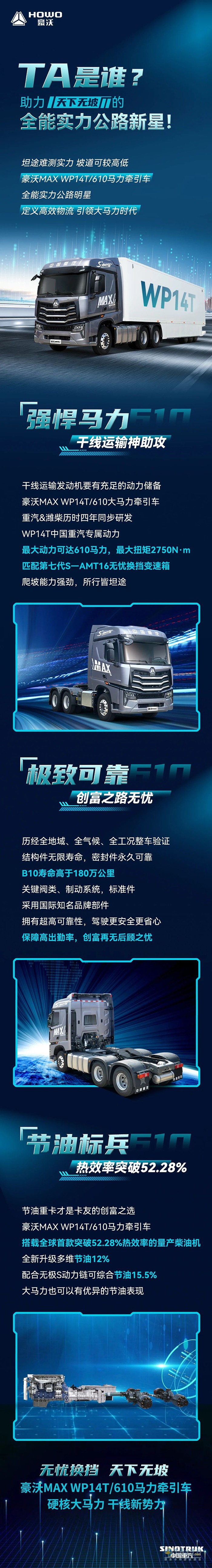 豪沃MAX WP14T 610马力牵引车，助力“天下无坡”的全能实力公路新星！