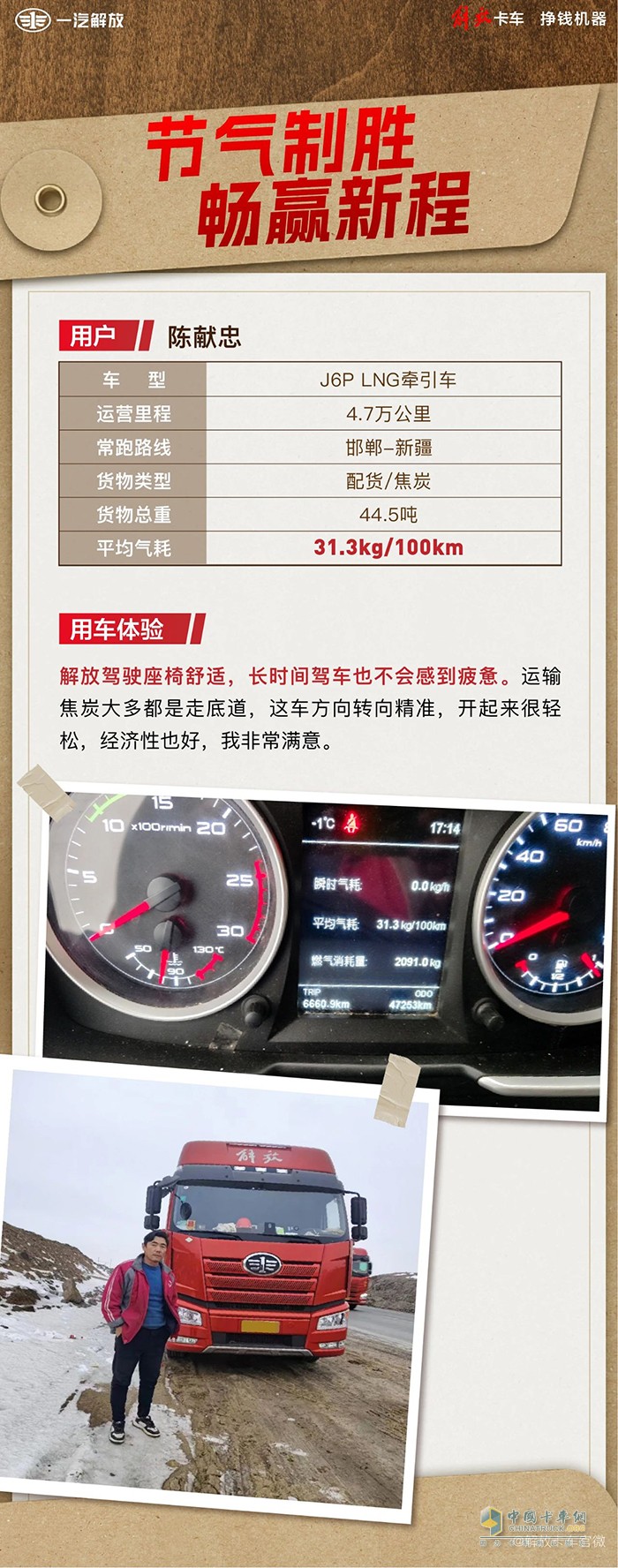 百公里气耗31.3kg，解放J6P燃气车获陈师傅5星好评！