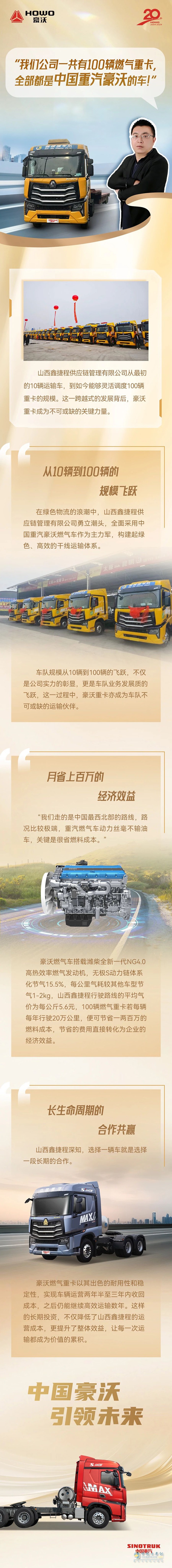 　“我们公司一共有100辆燃气重卡，全部都是中国重汽豪沃的车！”