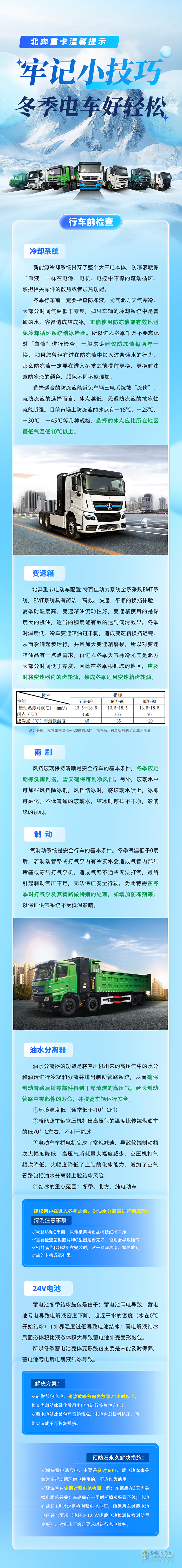 北奔重卡温馨提示：牢记小技巧，冬季电车好轻松！