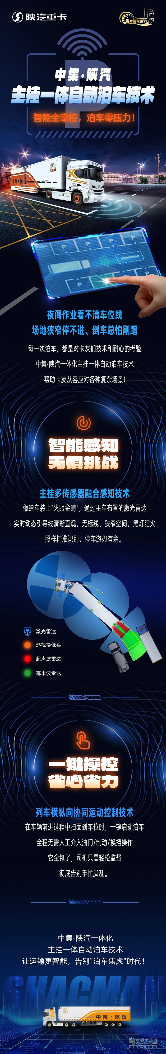 中集·陕汽一体化主挂一体自动泊车技术，智能全掌控，泊车零压力！