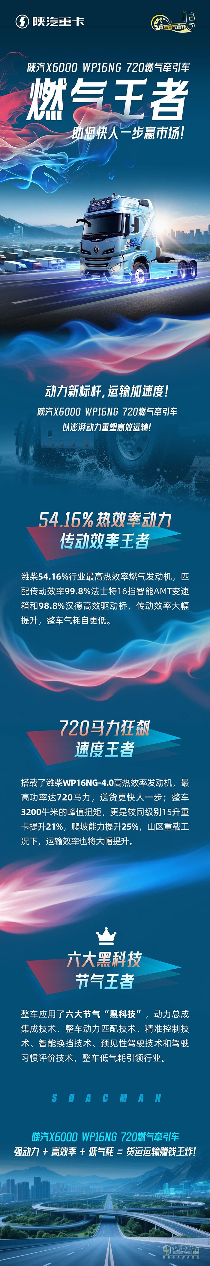 陕汽X6000 WP16NG 720燃气牵引车，燃气王者，助您快人一步赢市场！