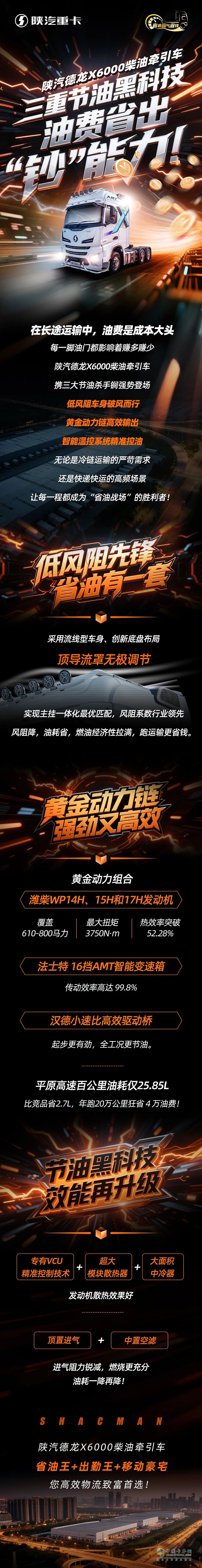 陕汽德龙X6000柴油牵引车，三重节油黑科技，油费省出“钞”能力！