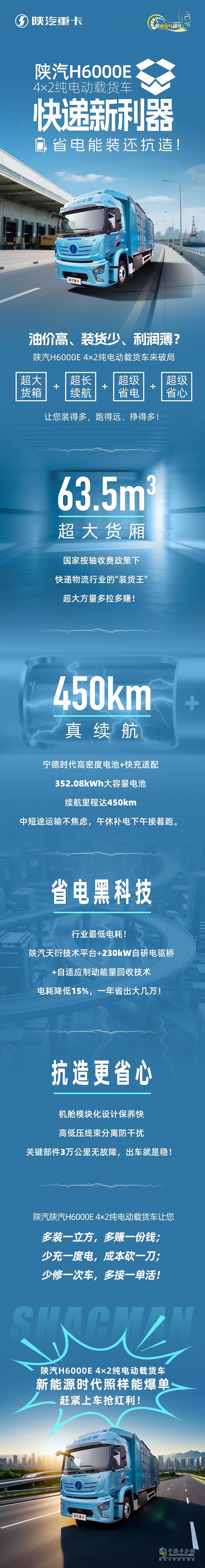 陕汽H6000E 4×2纯电动载货车,快递新利器，省电能装还抗造!