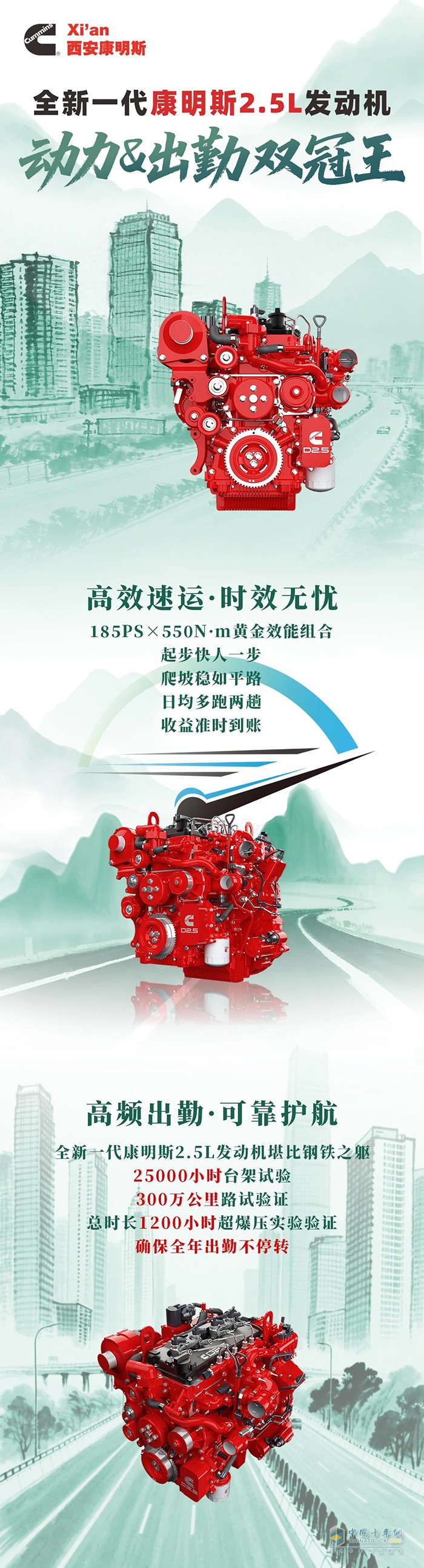 全新一代康明斯2.5L发动机，动力&出勤双冠王，高效收益全年在线！
