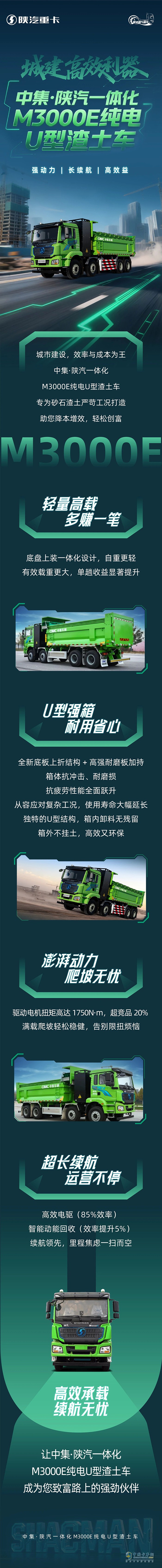 <p>　　城建高效利器！中集·陕汽一体化M3000E纯电U型渣土车，强动力、长续航、高效益！</p>