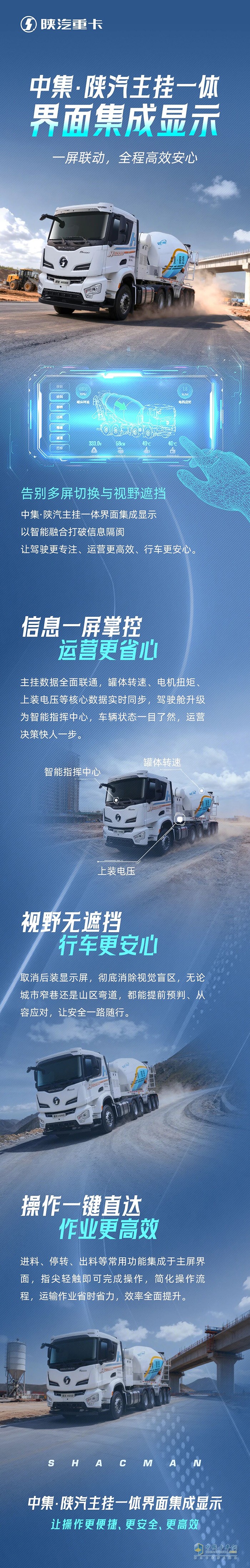 中集·陕汽主挂一体界面集成显示，一屏联动，全程高效安心