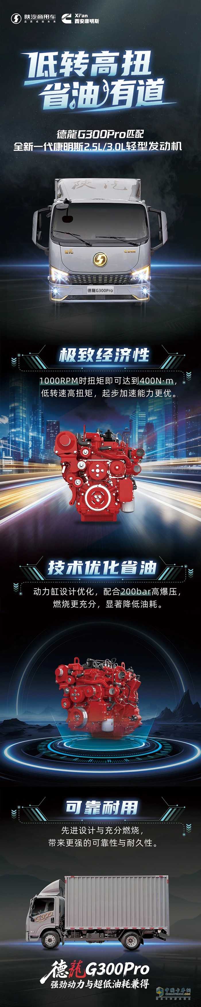 陕汽德龍G300Pro“闭眼买、放心跑”！全新一代康明斯2.5L/3.0L发动机“省到家、靠得住”！