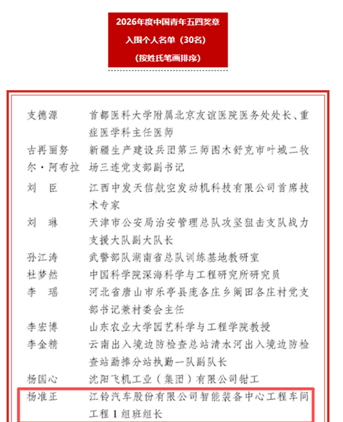 江铃集团：中国青年五四奖章，杨准正入围！