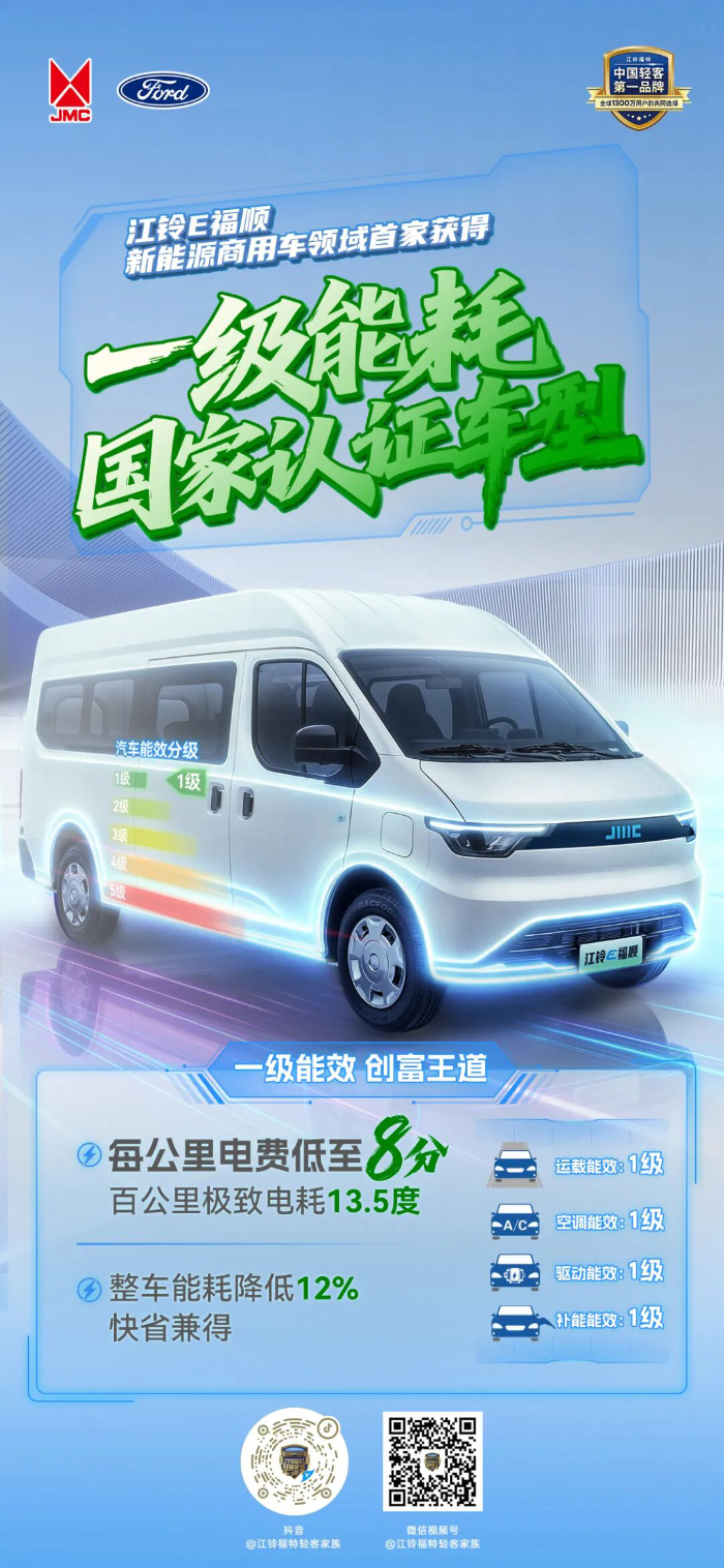江铃E福顺:荣获国内新能源商用车首款一级能效认证