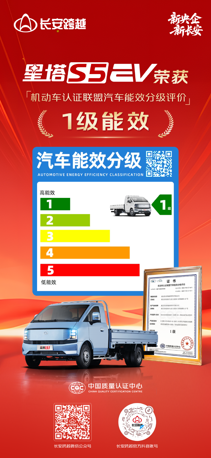 星塔S5EV获机动车认证联盟汽车能效分级评价1级能效！