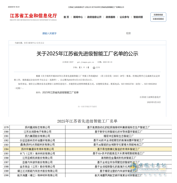 扬州通华专用车有限公司荣膺《2025年江苏省先进级智能工厂》称号