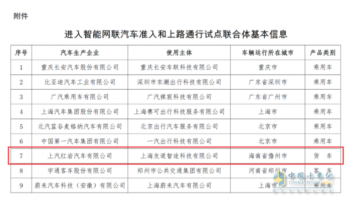 唯一货车企业！上汽红岩成功入选国家级智能网联汽车准入和上路通行试点