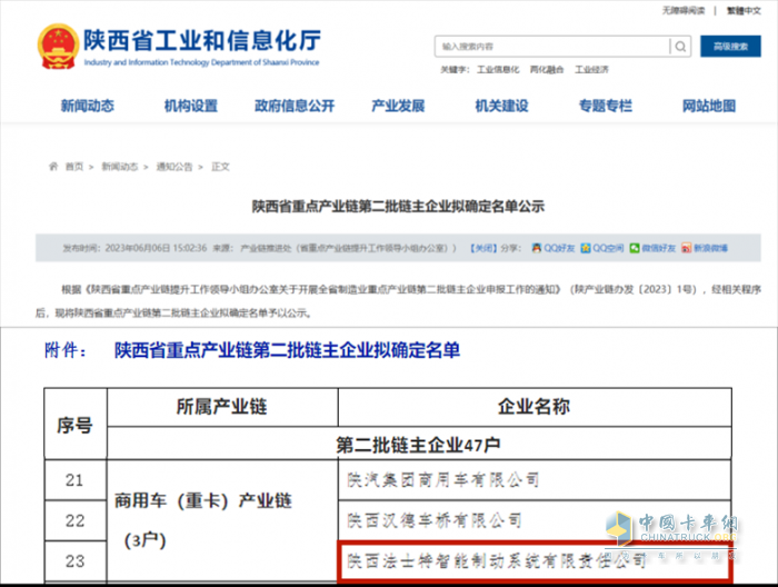 法士特智能制动公司入选陕西省重点产业链第二批“链主”企业