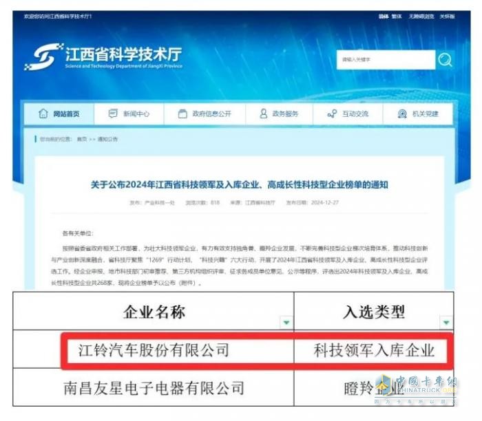 江铃股份上榜江西省科技领军入库企业